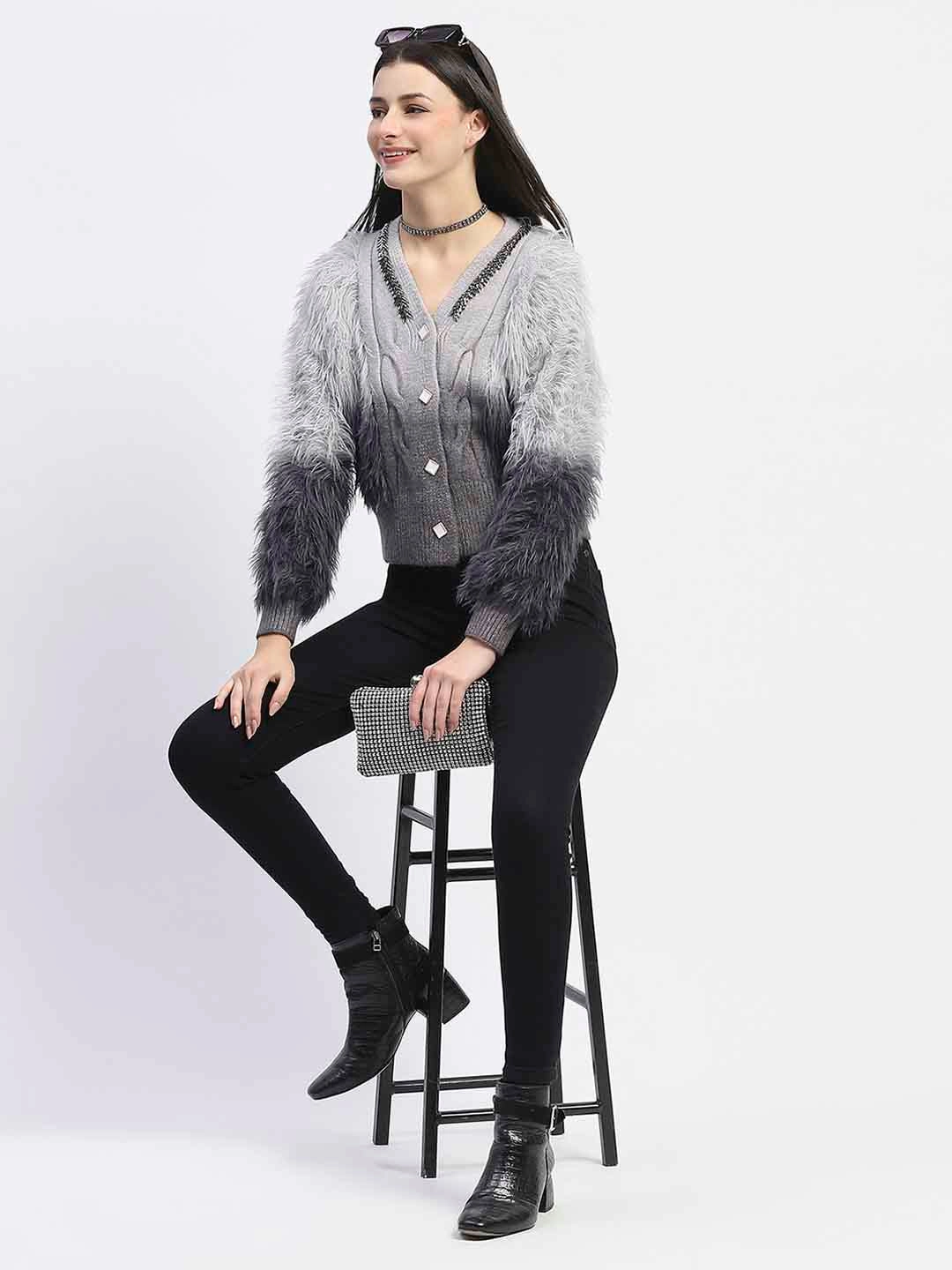 Winter Styling Madame Embellished Ombre V Neck Grey Sweater