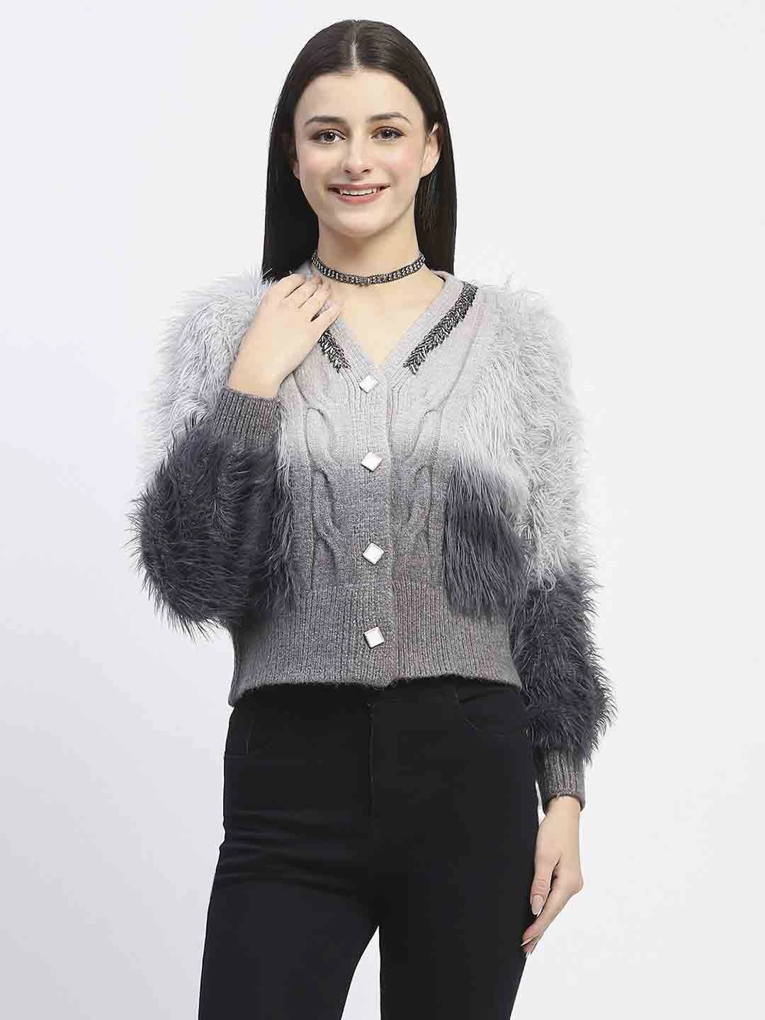 Soft Performance Madame Embellished Ombre V Neck Grey Sweater