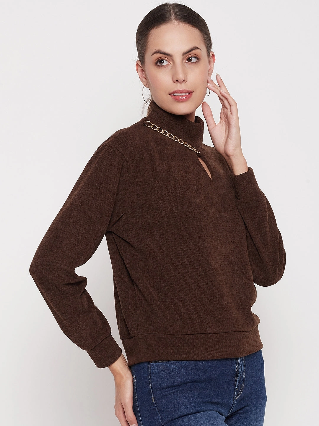 Athletic Cut Satin Madame Brown Keyhole Neck Sweater
