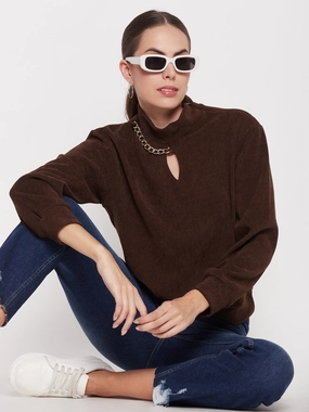 Formal Casual Madame Brown Keyhole Neck Sweater