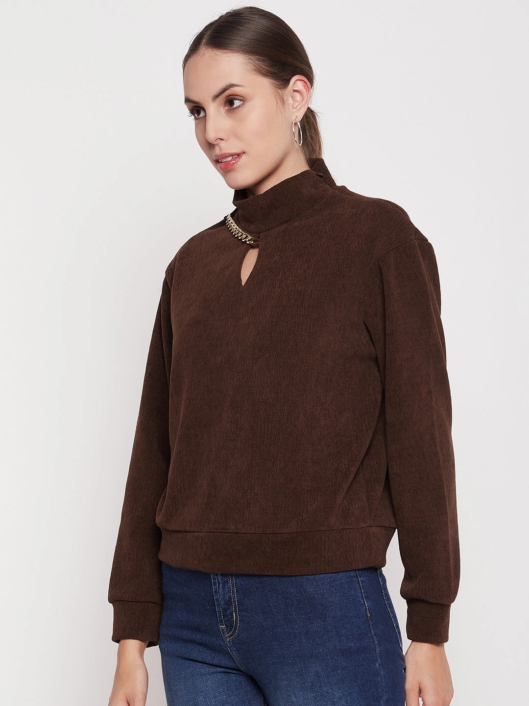 Madame Brown Keyhole Neck Sweater Minimalist Look