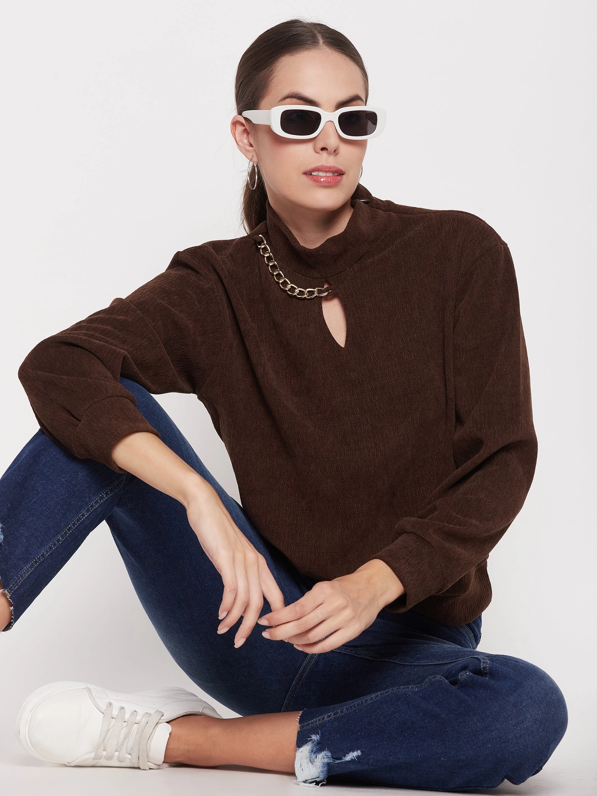 Formal Casual Madame Brown Keyhole Neck Sweater