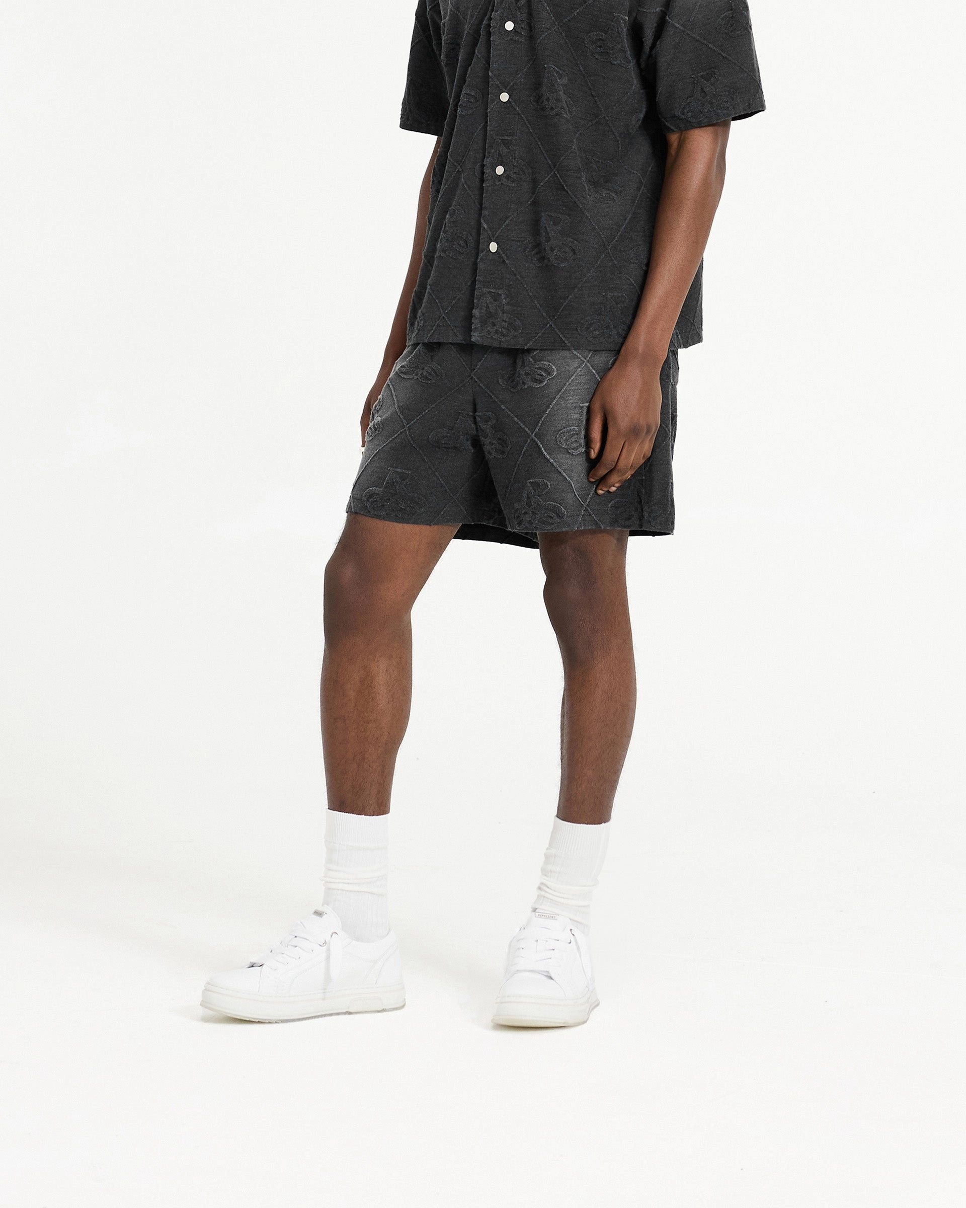Towelling Short - Jet Black embroidery details