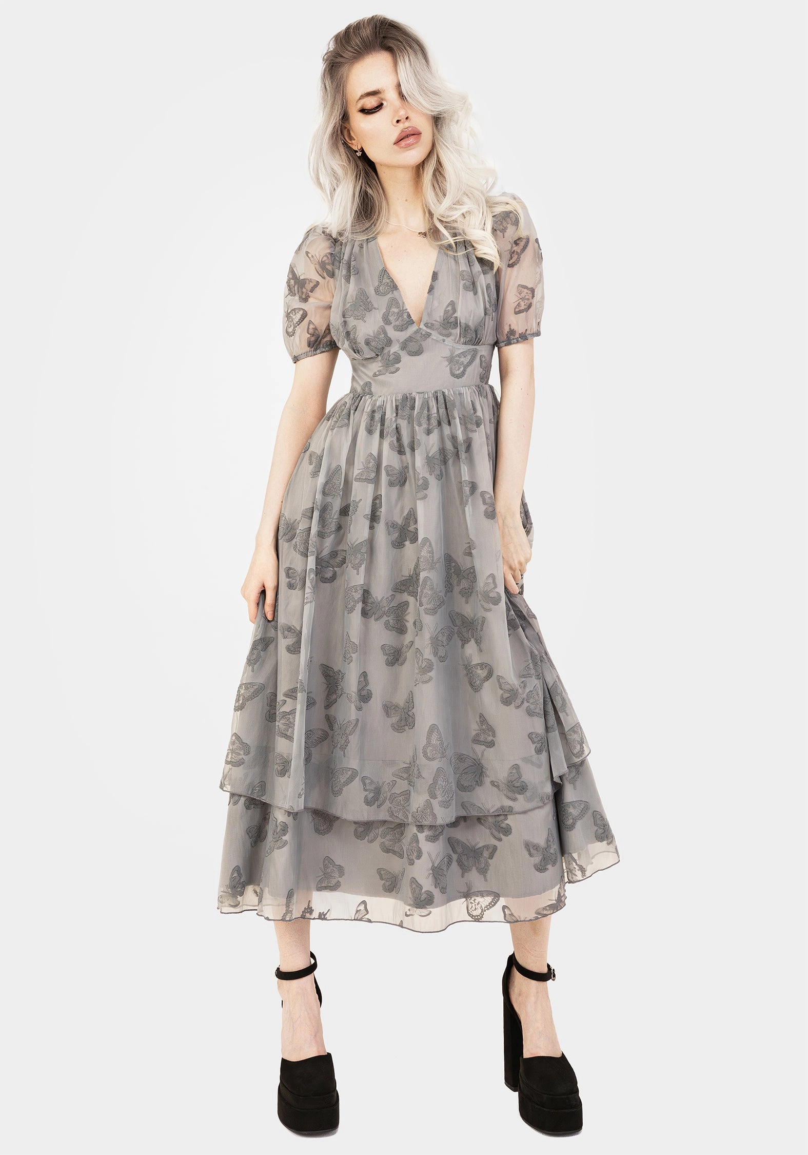 Vanessa Butterfly Print Organza Puff Sleeve Midaxi Dress Relaxed Vibe