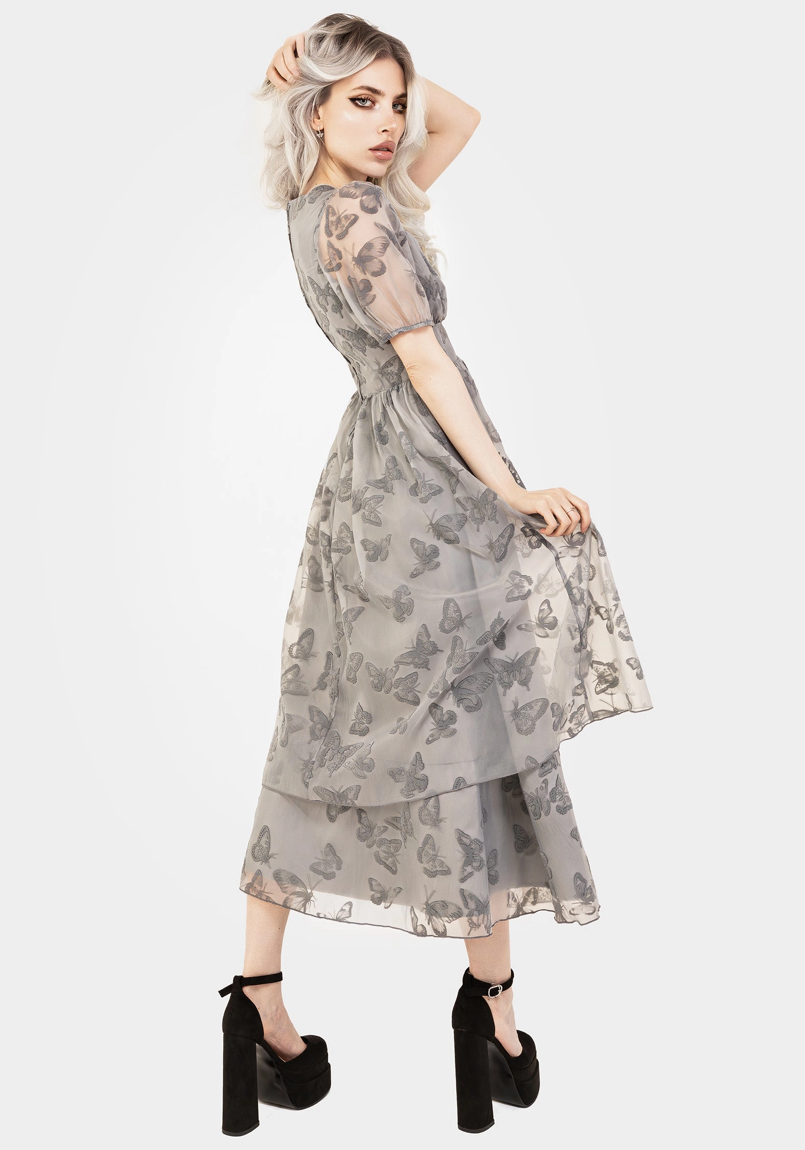Vanessa Butterfly Print Organza Puff Sleeve Midaxi Dress hypoallergenic material Adjustable drawstring
