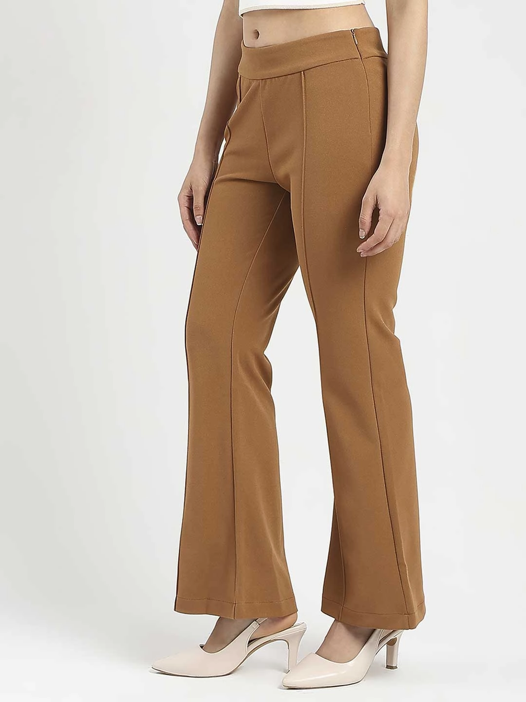 Madame Side Zipper Flared Coffee Brown Knitted Moss Trousers Quick Layering Low Maintenance