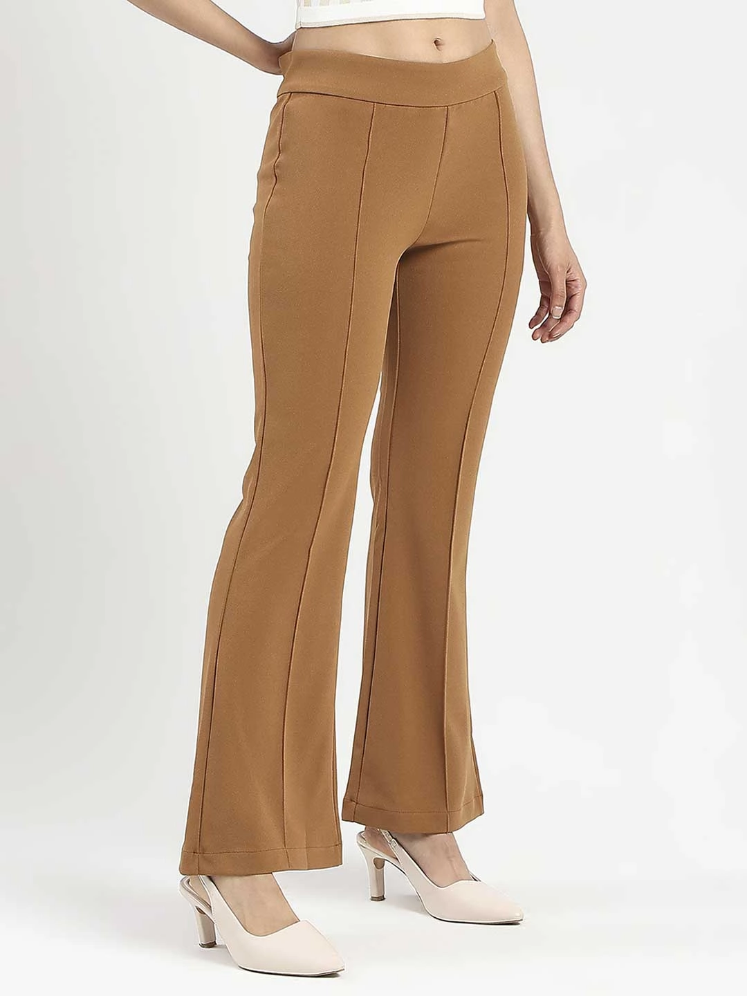 EcoFriendlyMaterials Madame Side Zipper Flared Coffee Brown Knitted Moss Trousers