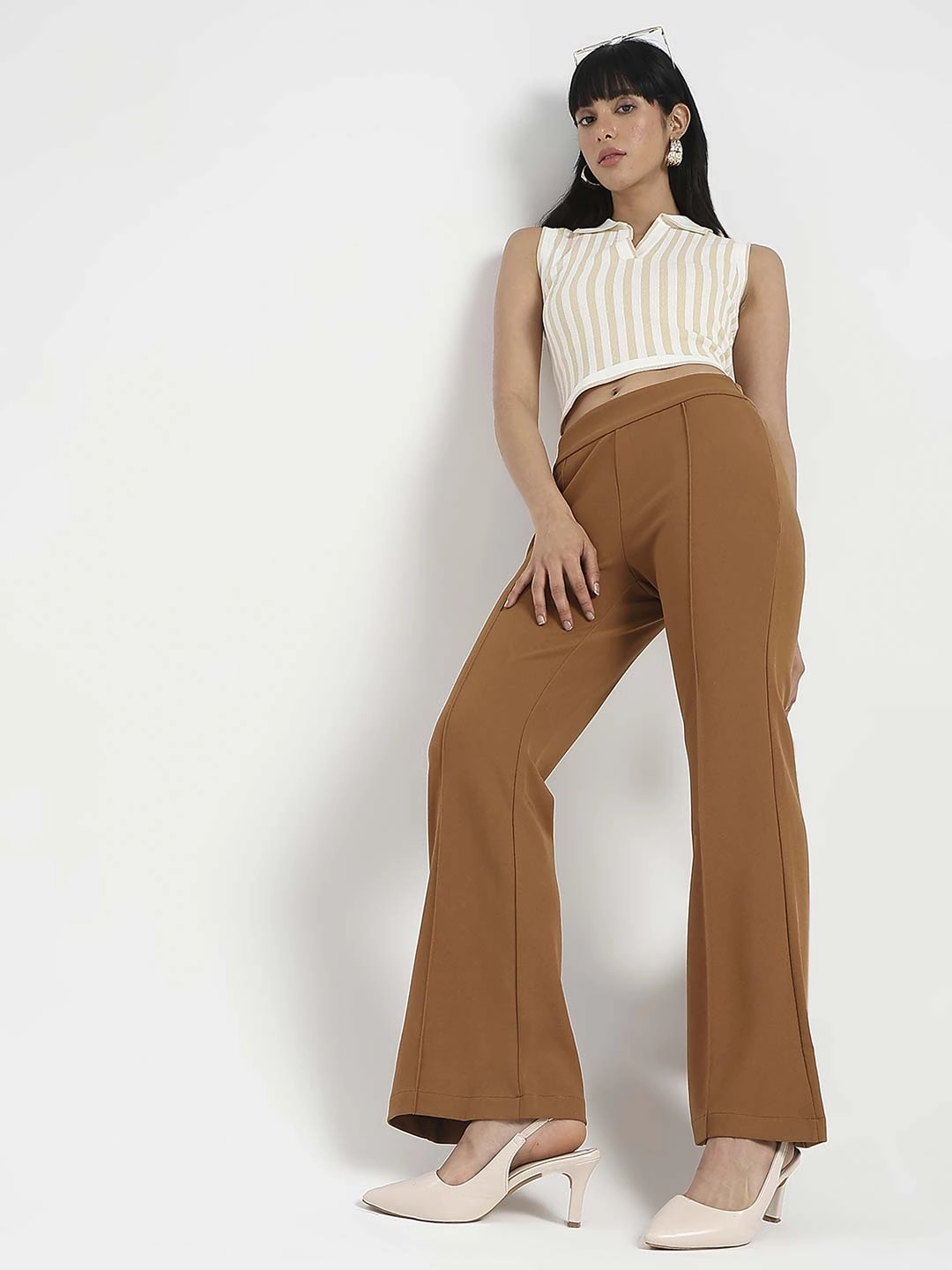 Madame Side Zipper Flared Coffee Brown Knitted Moss Trousers Premium Quality SturdyBeltLoops