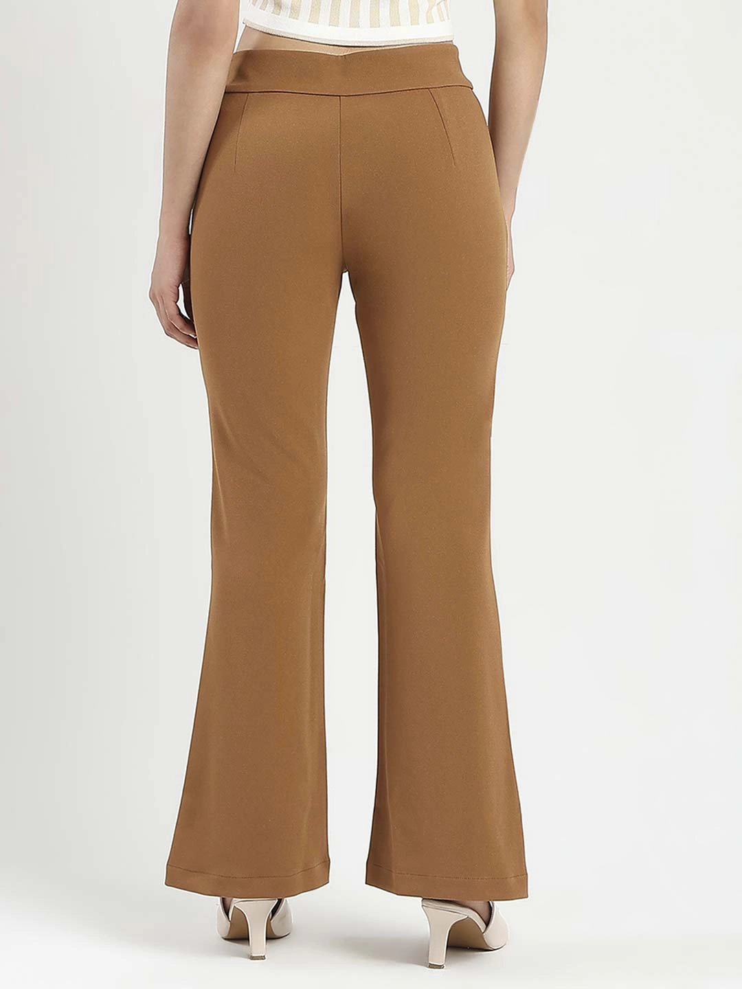 elastic waistband Slim Comfort Madame Side Zipper Flared Coffee Brown Knitted Moss Trousers