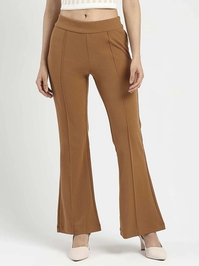 Madame Side Zipper Flared Coffee Brown Knitted Moss Trousers Windproof Membrane