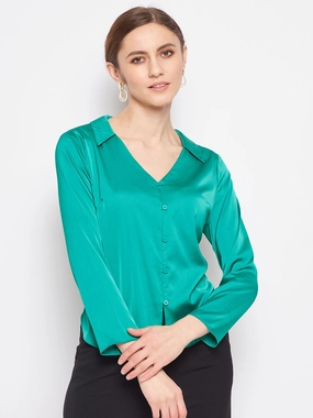Sporty Comfort Snag Resistant Fabric Madame V-Neck Solid Green Satin Shirt