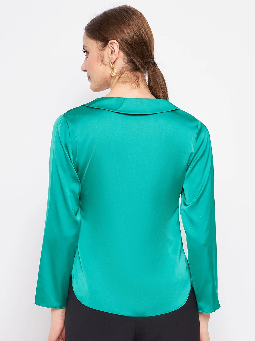 Madame V-Neck Solid Green Satin Shirt Soft Wear