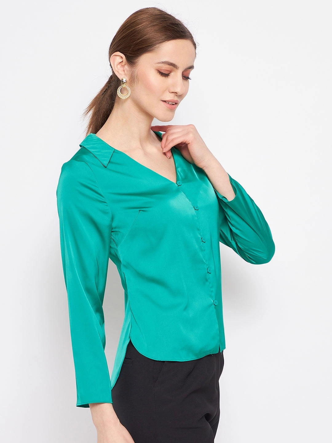 Seasonal Collection Madame V-Neck Solid Green Satin Shirt