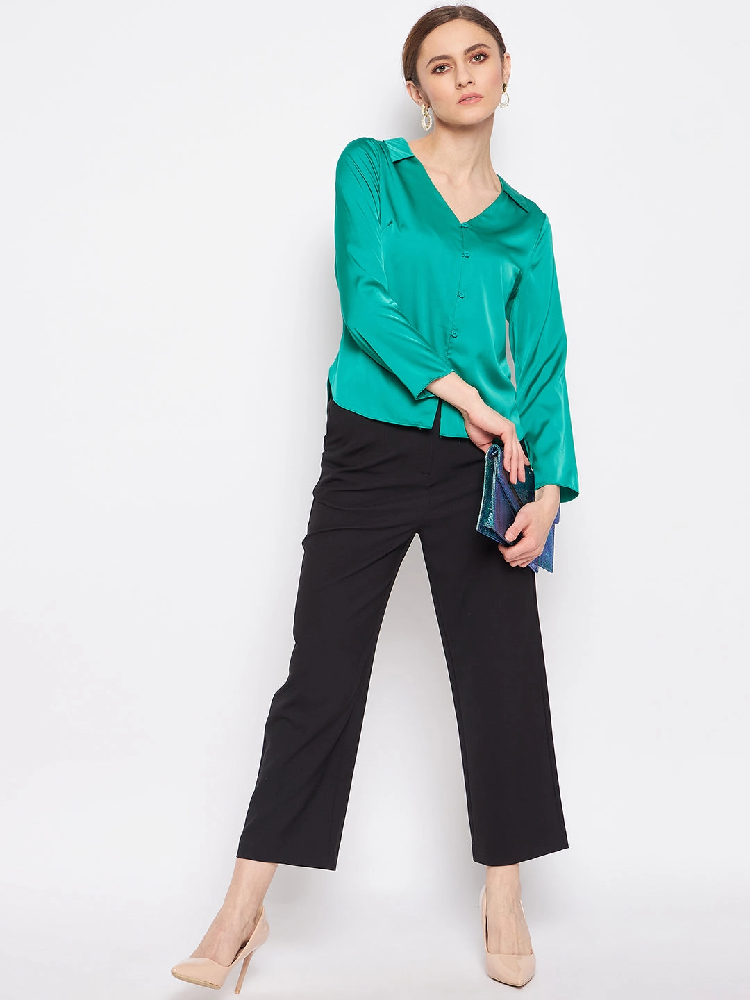 Madame V-Neck Solid Green Satin Shirt Stretchy Cloth