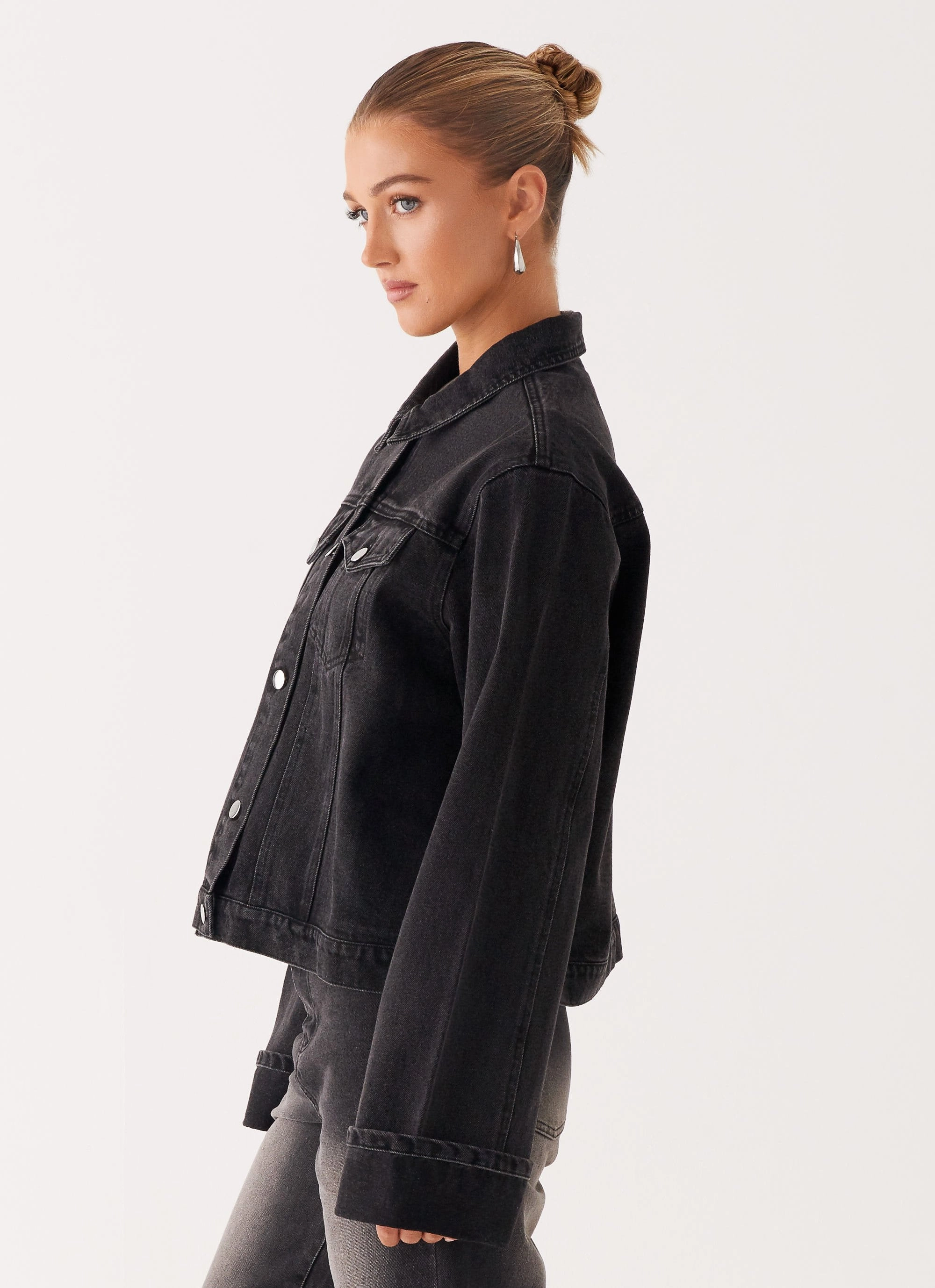 Back Again Oversized Denim Jacket - Charcoal Wash Anti Static Treatment
