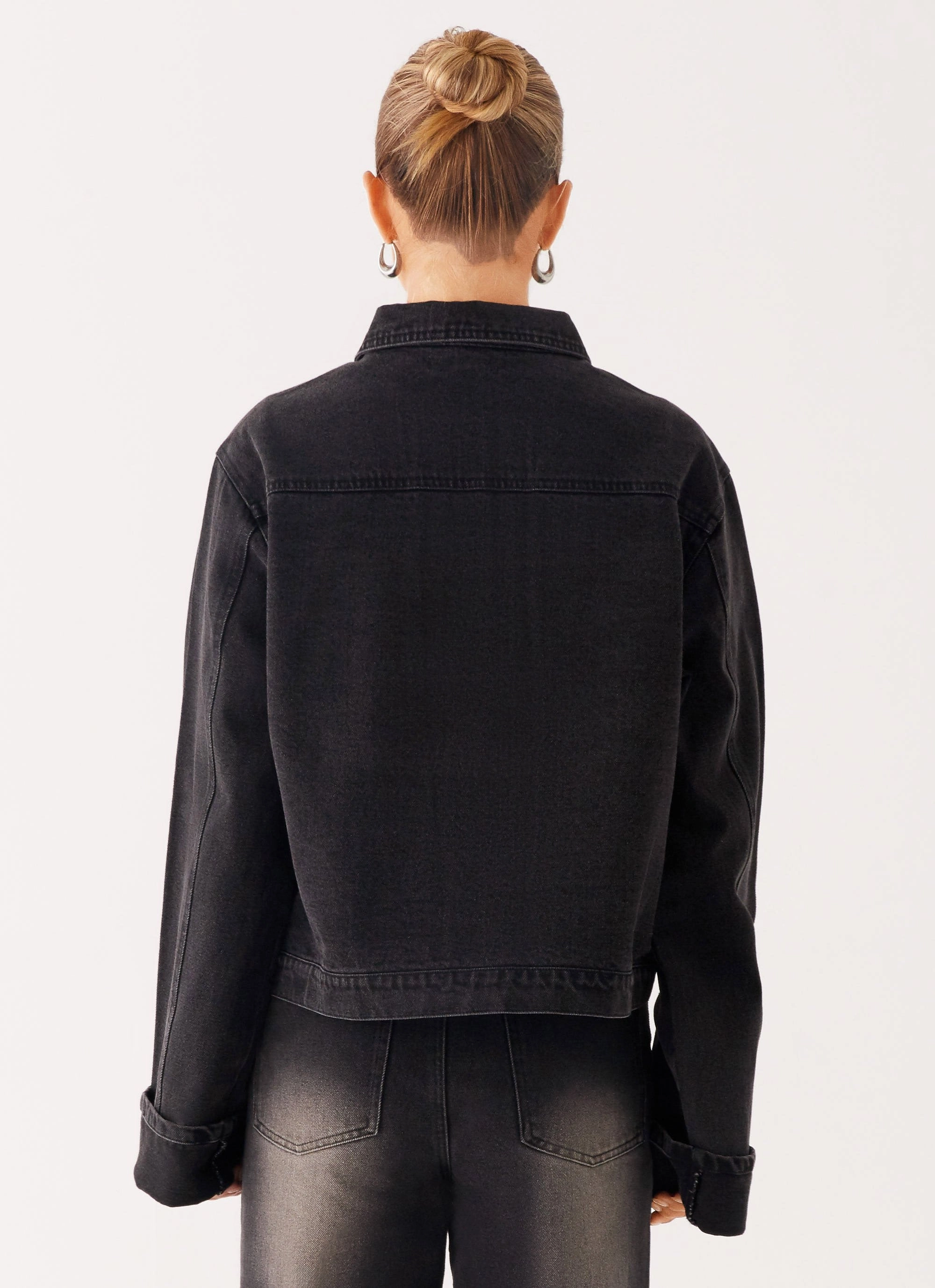 Back Again Oversized Denim Jacket - Charcoal Wash Neutral Fit Design Wrinkle resistant fabric