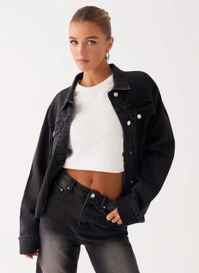 Extended Coverage Ultra Flexible Back Again Oversized Denim Jacket - Charcoal Wash