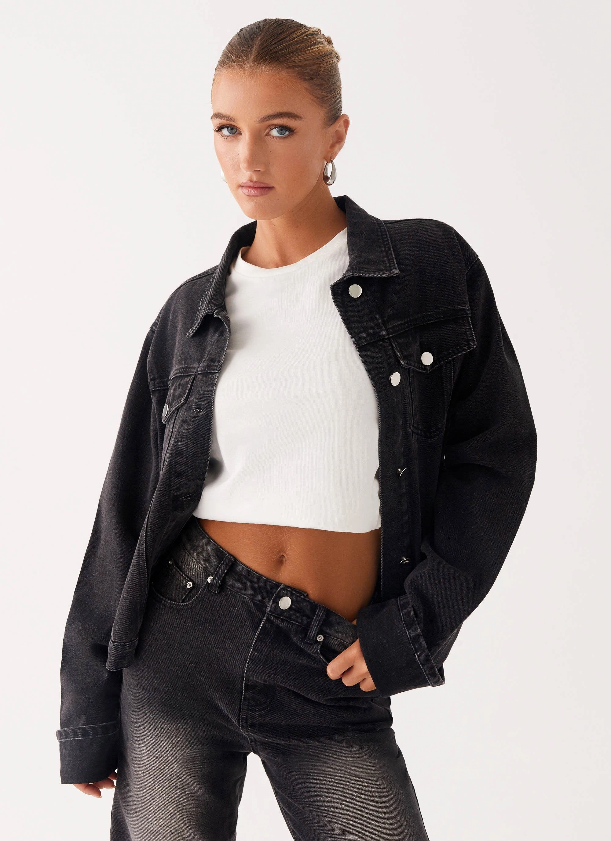 Extended Coverage Ultra Flexible Back Again Oversized Denim Jacket - Charcoal Wash