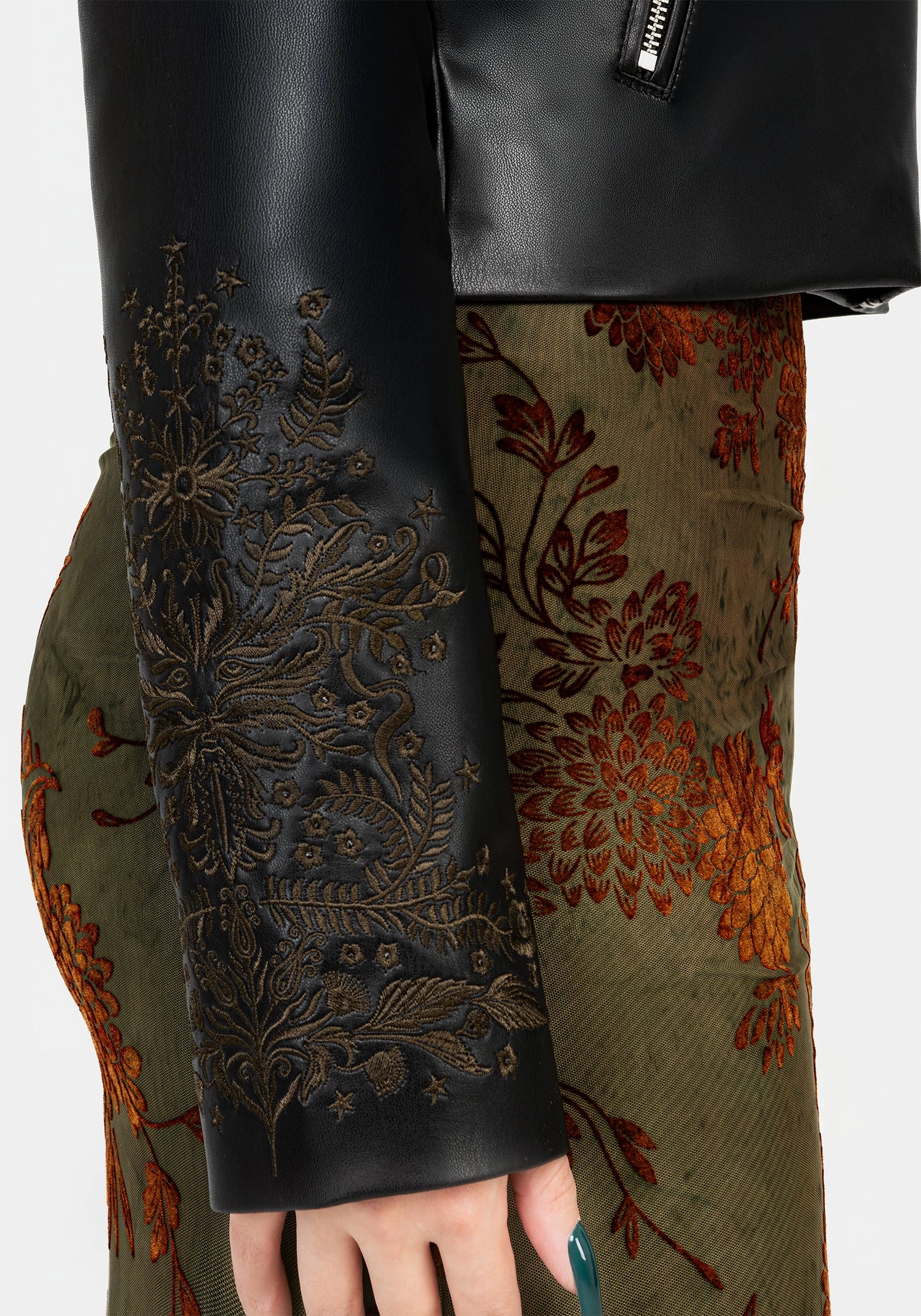 RipResistant Reinforcement Vervain Embroidered Faux Leather Biker Jacket