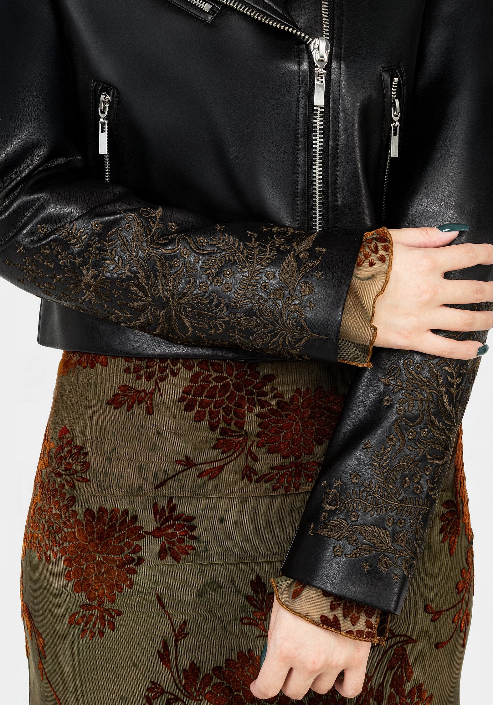 Vervain Embroidered Faux Leather Biker Jacket High Collar Windguard