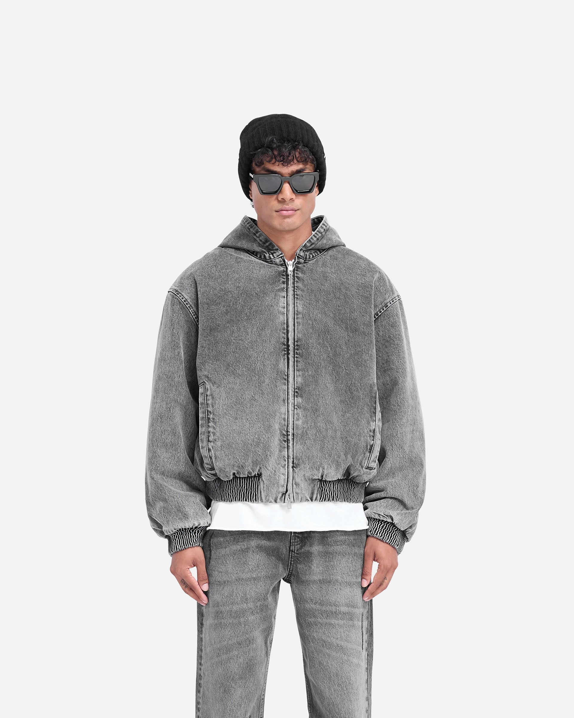 R5 Hooded Denim Bomber - Charcoal Grey Ultra Lightweight Design