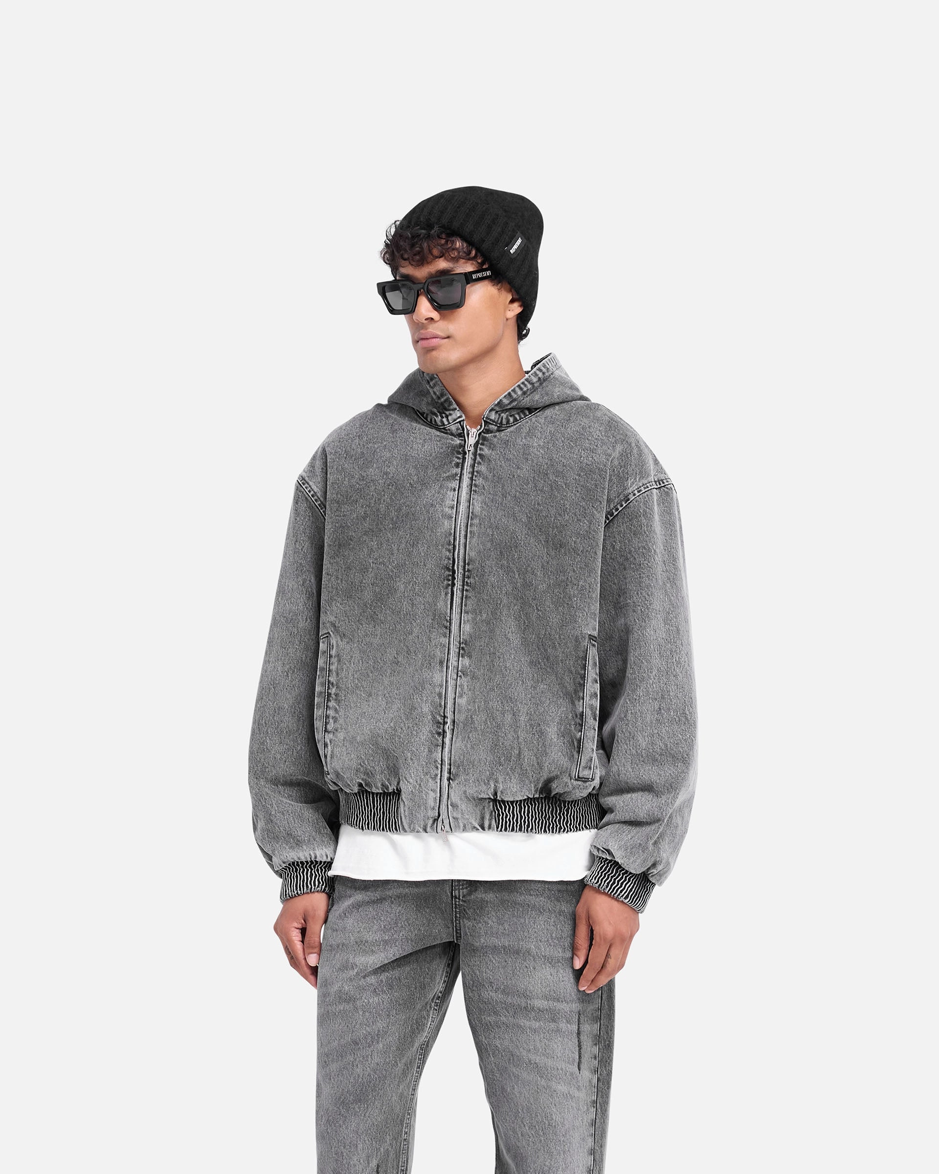 R5 Hooded Denim Bomber - Charcoal Grey FlexibleHoodDesign