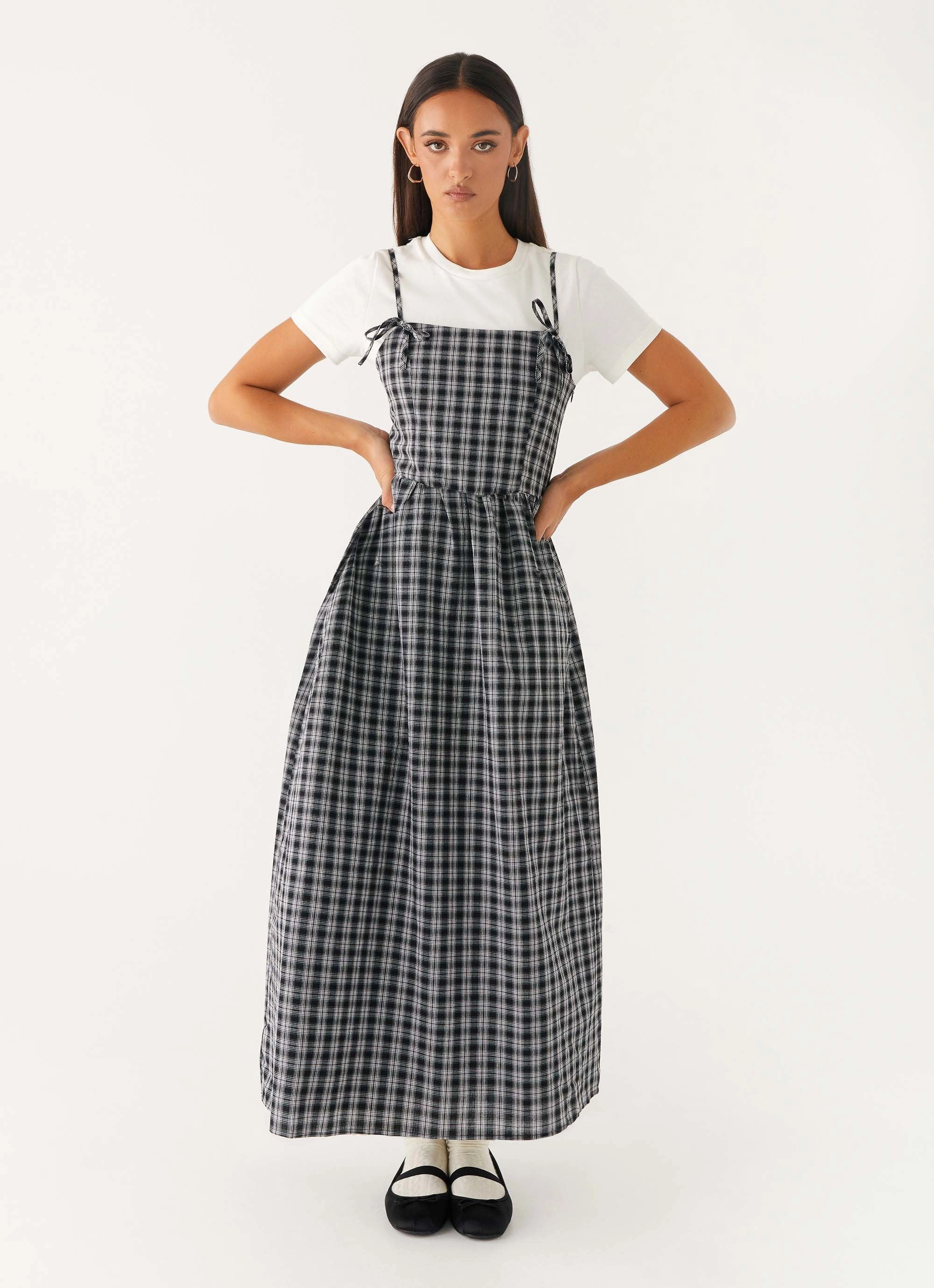 Ramsey Midi Dress - White Black Check Travel-Pack