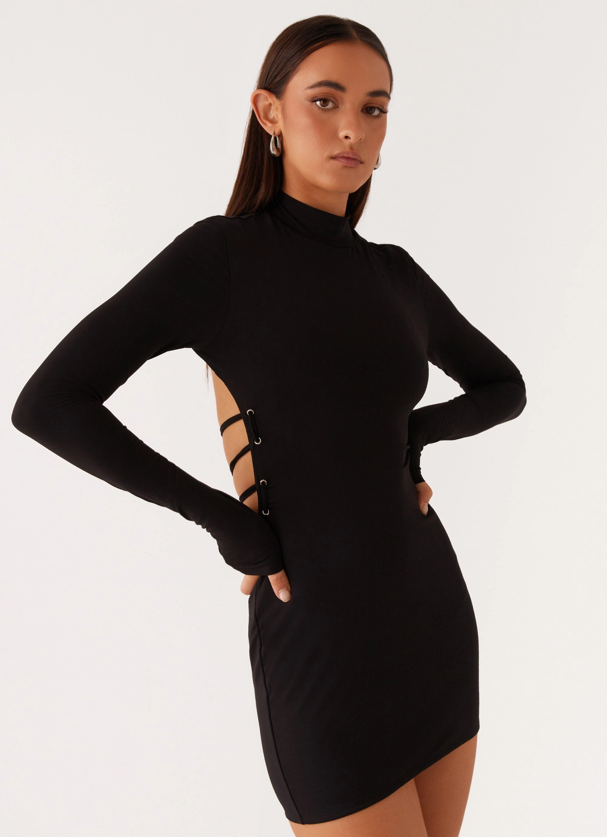 Raven Long Sleeve Mini Dress - Black Vibrant color
