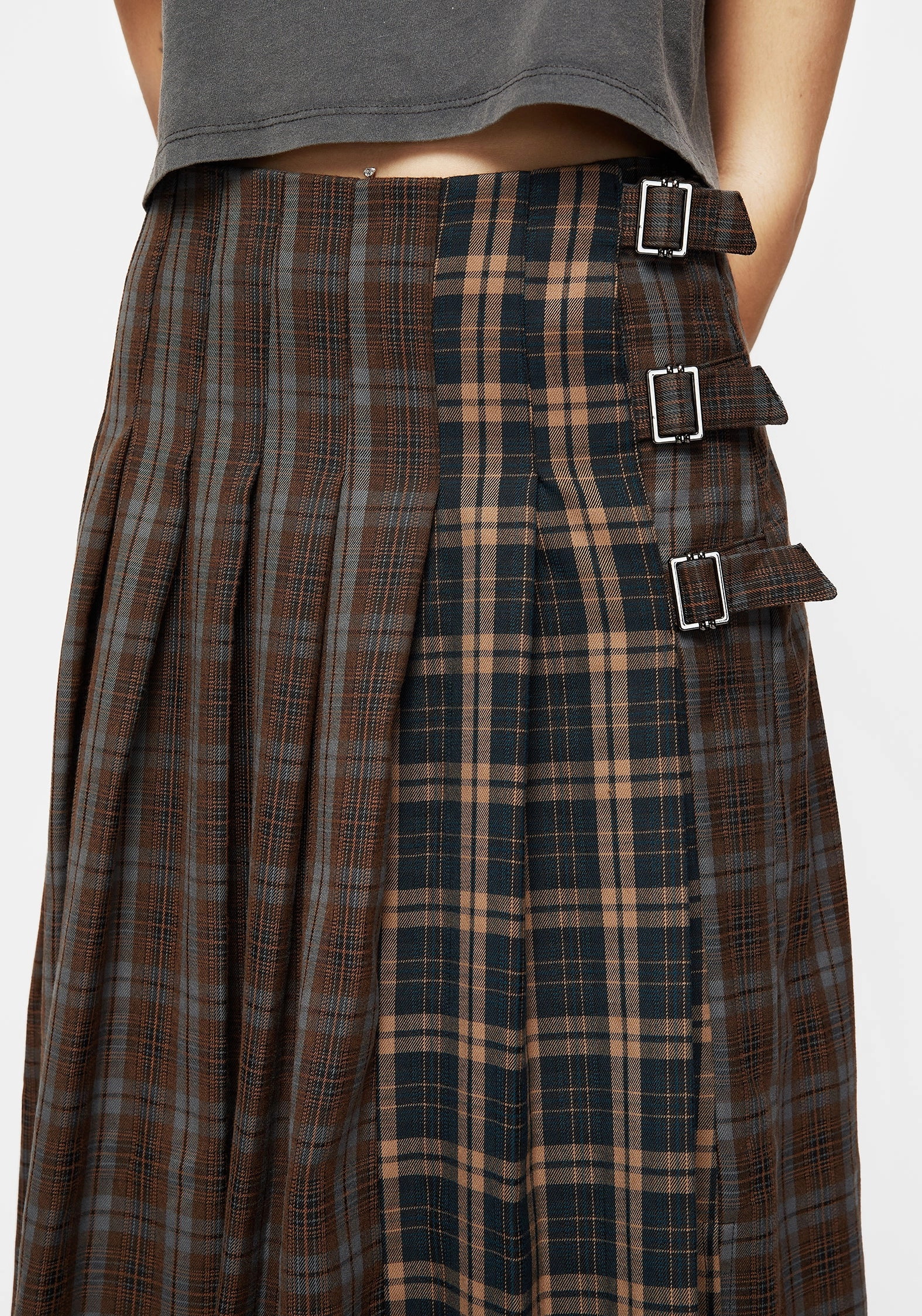 Raven Pleated Check Buckle Detail Maxi Skirt Ventilated Panels Minimalist Layering
