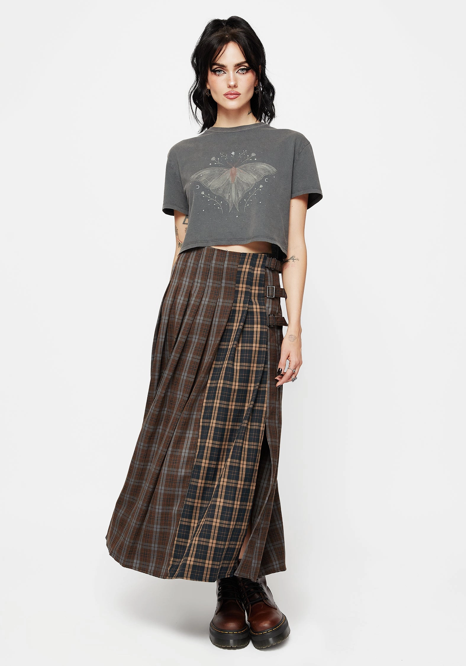 Outfit Display Raven Pleated Check Buckle Detail Maxi Skirt