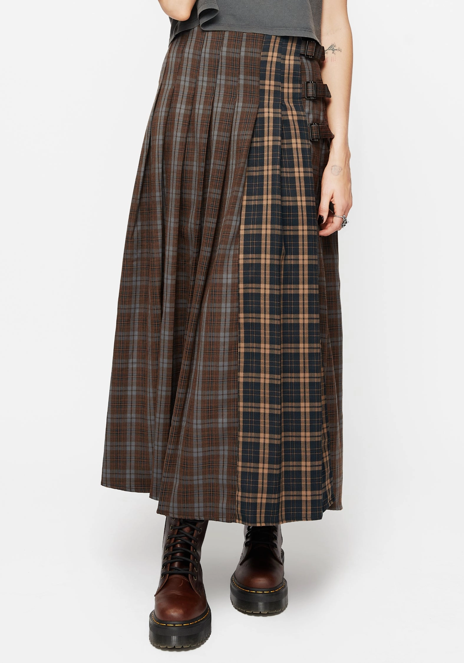 Raven Pleated Check Buckle Detail Maxi Skirt Mood Dressing One size fits most