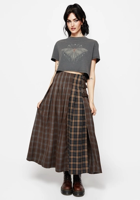 Everyday Comfort High Shine Raven Pleated Check Buckle Detail Maxi Skirt