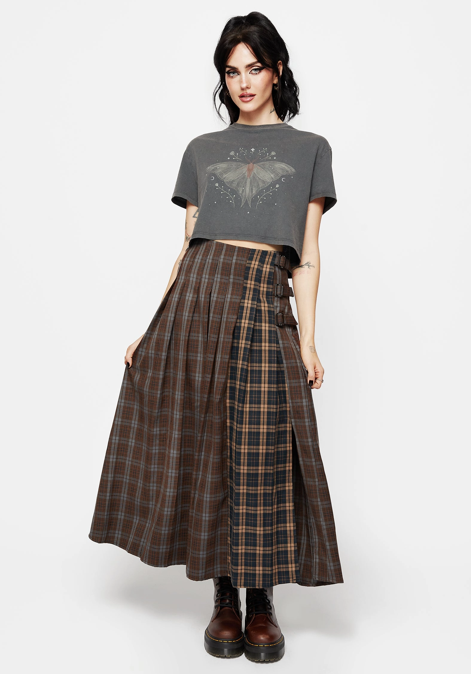 Everyday Comfort High Shine Raven Pleated Check Buckle Detail Maxi Skirt