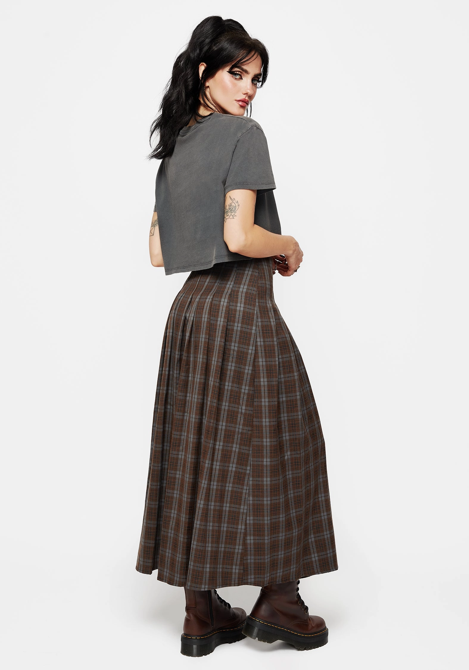 Wrap style Runway Ready Raven Pleated Check Buckle Detail Maxi Skirt