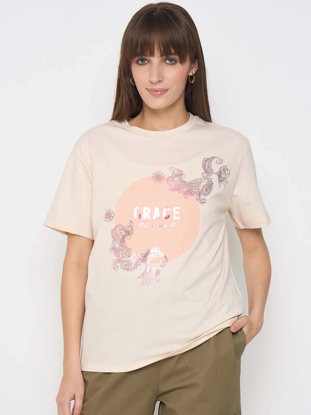 Flexible Weave Casual Chic Wear Madame Sinker Graphic Print Foil Detailed Beige Tshirt