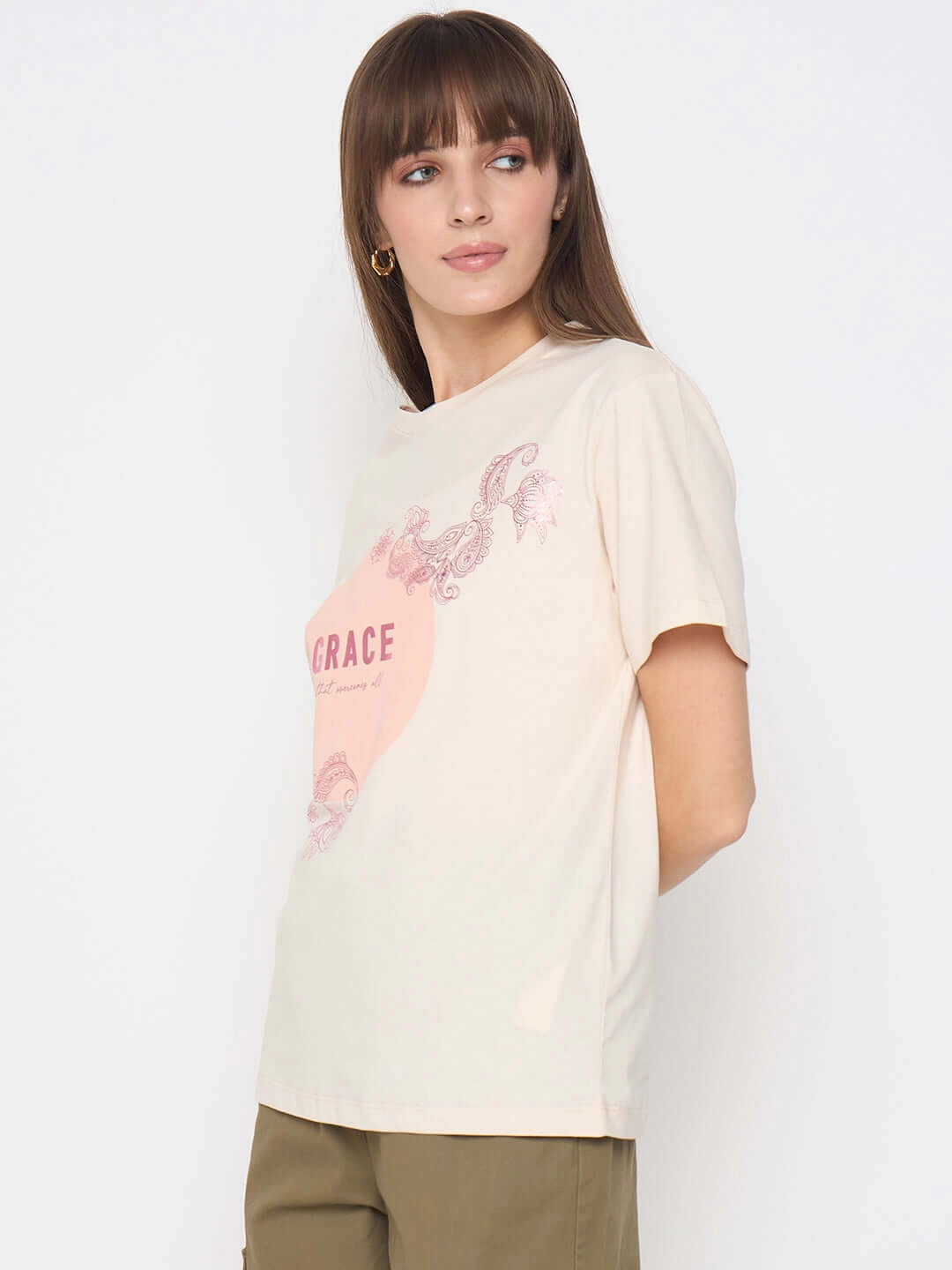 Madame Sinker Graphic Print Foil Detailed Beige Tshirt Moisture wicking