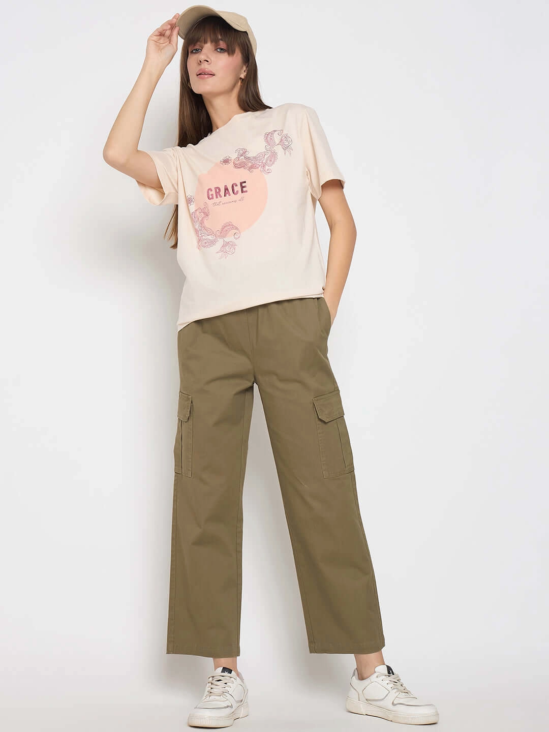 Drip Dry Fabric Madame Sinker Graphic Print Foil Detailed Beige Tshirt