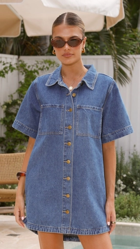 Bright-Hue Relax Mode Rayna Denim Mini Dress - Dark Denim