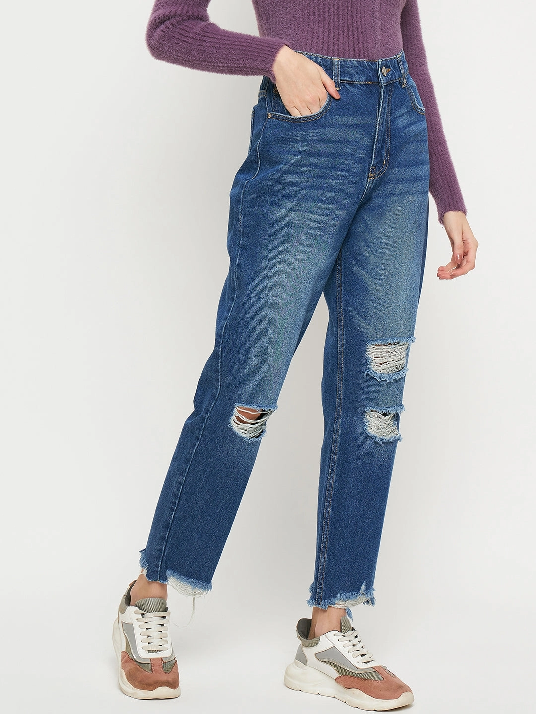 Neutral Daily Wear Madame Blue Straight Fit Distressed Jeans