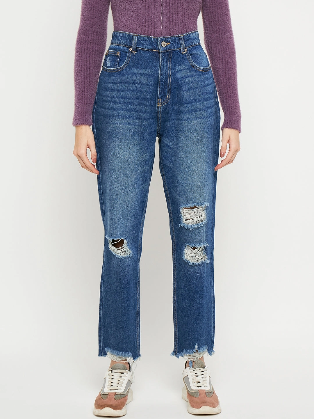 Everyday Shopping Day Comfort Stretch Technology Madame Blue Straight Fit Distressed Jeans