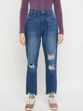 Everyday Shopping Day Comfort Stretch Technology Madame Blue Straight Fit Distressed Jeans