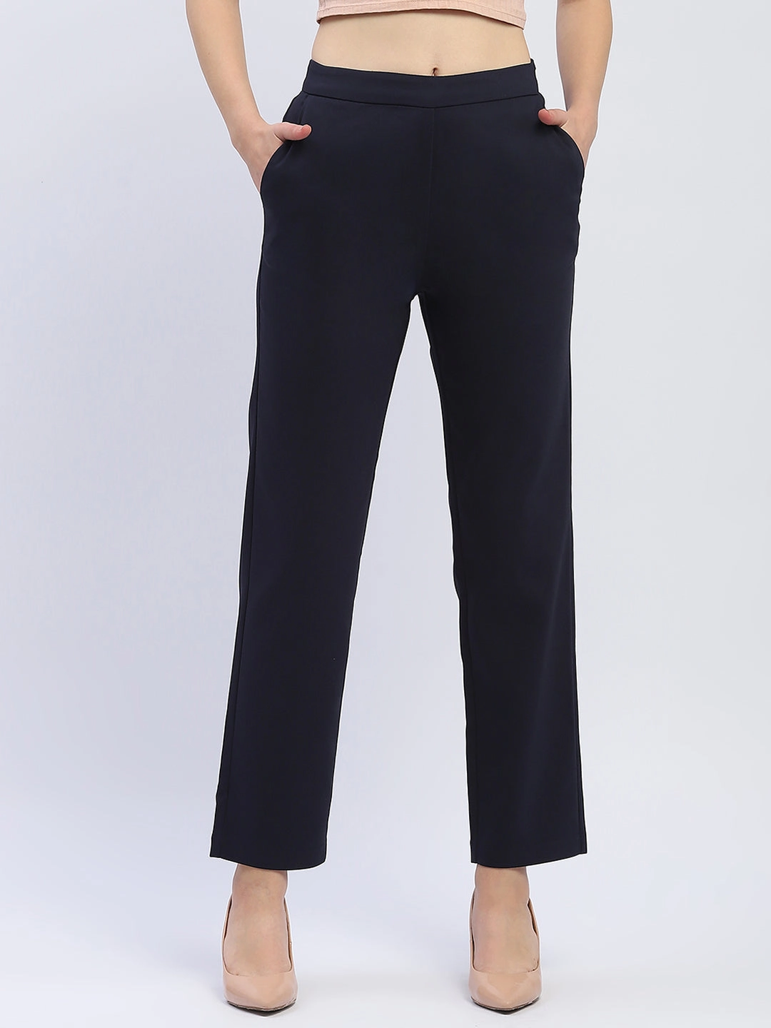 Soft Brush Lining Freedom Fit Madame Solid Navy Blue Straight Fit Trousers