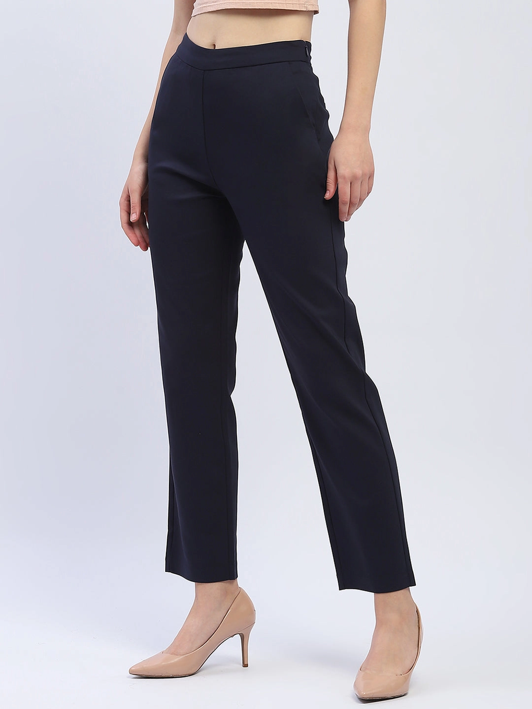 High-rise waist Madame Solid Navy Blue Straight Fit Trousers