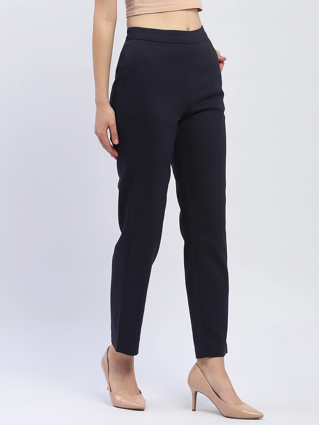 Long Use Madame Solid Navy Blue Straight Fit Trousers