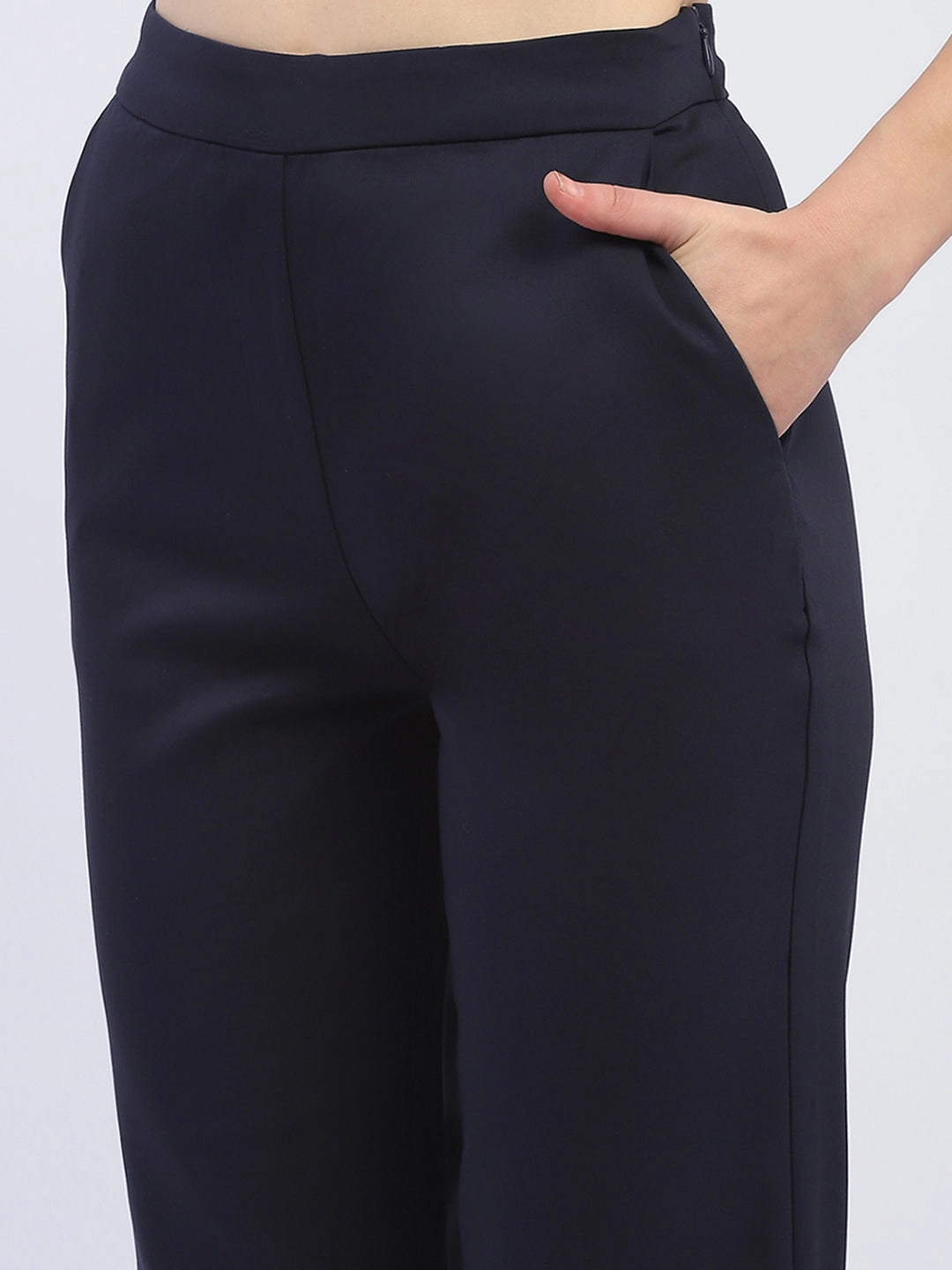 Madame Solid Navy Blue Straight Fit Trousers Flat Lock Stitching Sustainable Fabric