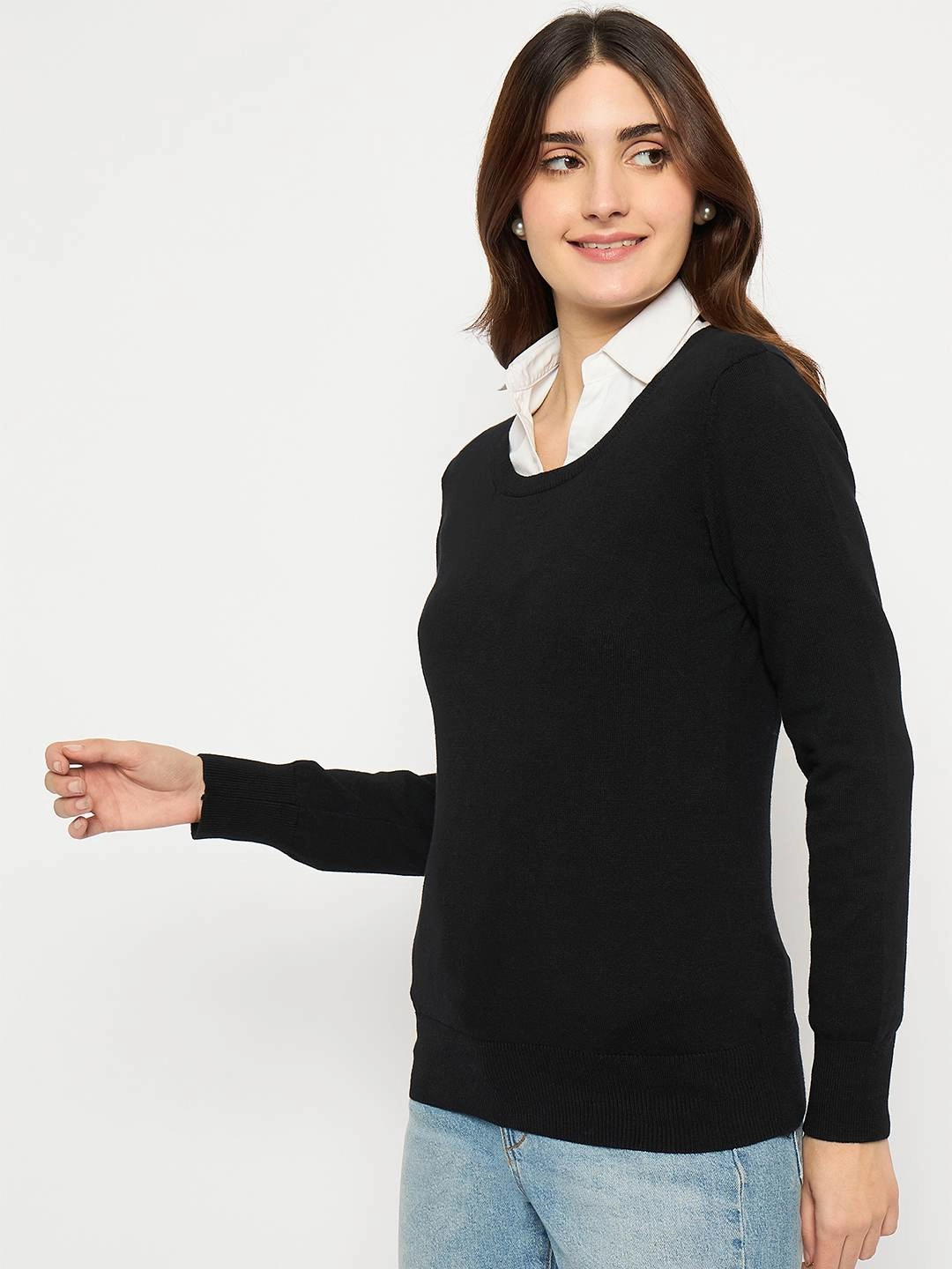 Madame Round Neck Ribbed Cuff Black Sweater Cozy Performance Wear