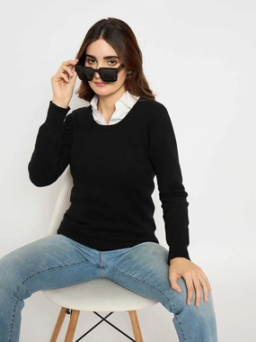Comfy Base Ultimate Layering Madame Round Neck Ribbed Cuff Black Sweater