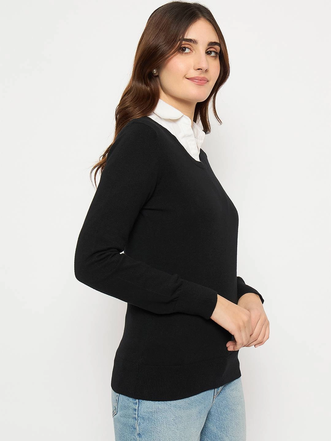 Comfortable Choice Madame Round Neck Ribbed Cuff Black Sweater