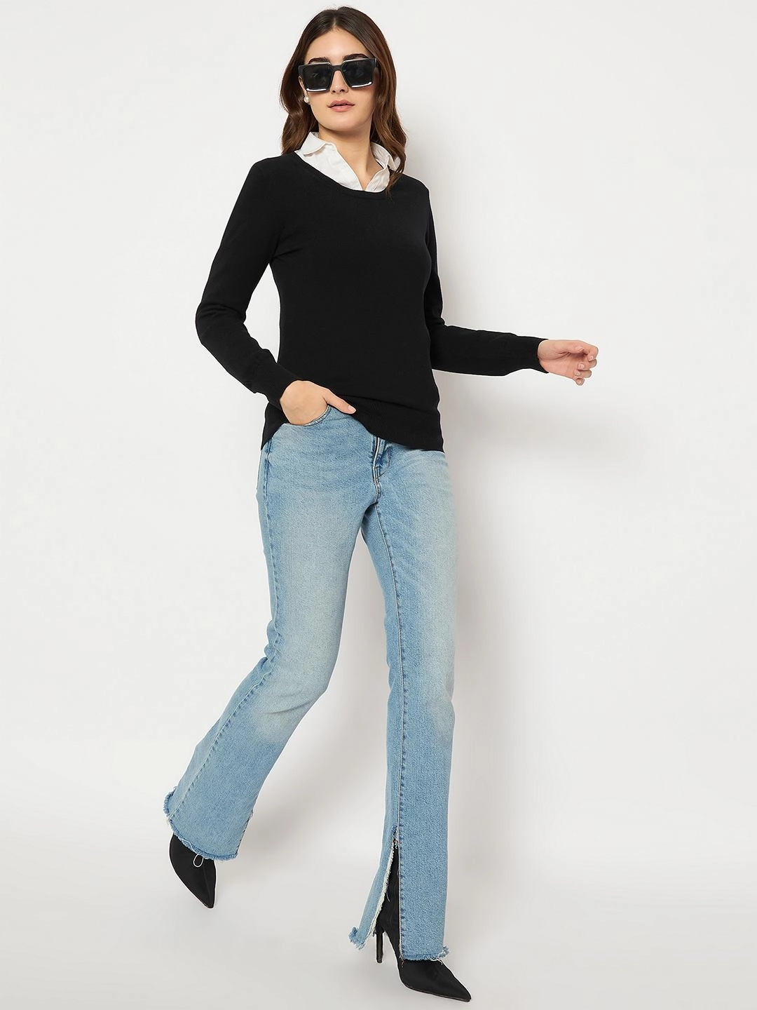Madame Round Neck Ribbed Cuff Black Sweater Functional Knit Ventilated Underarm Design