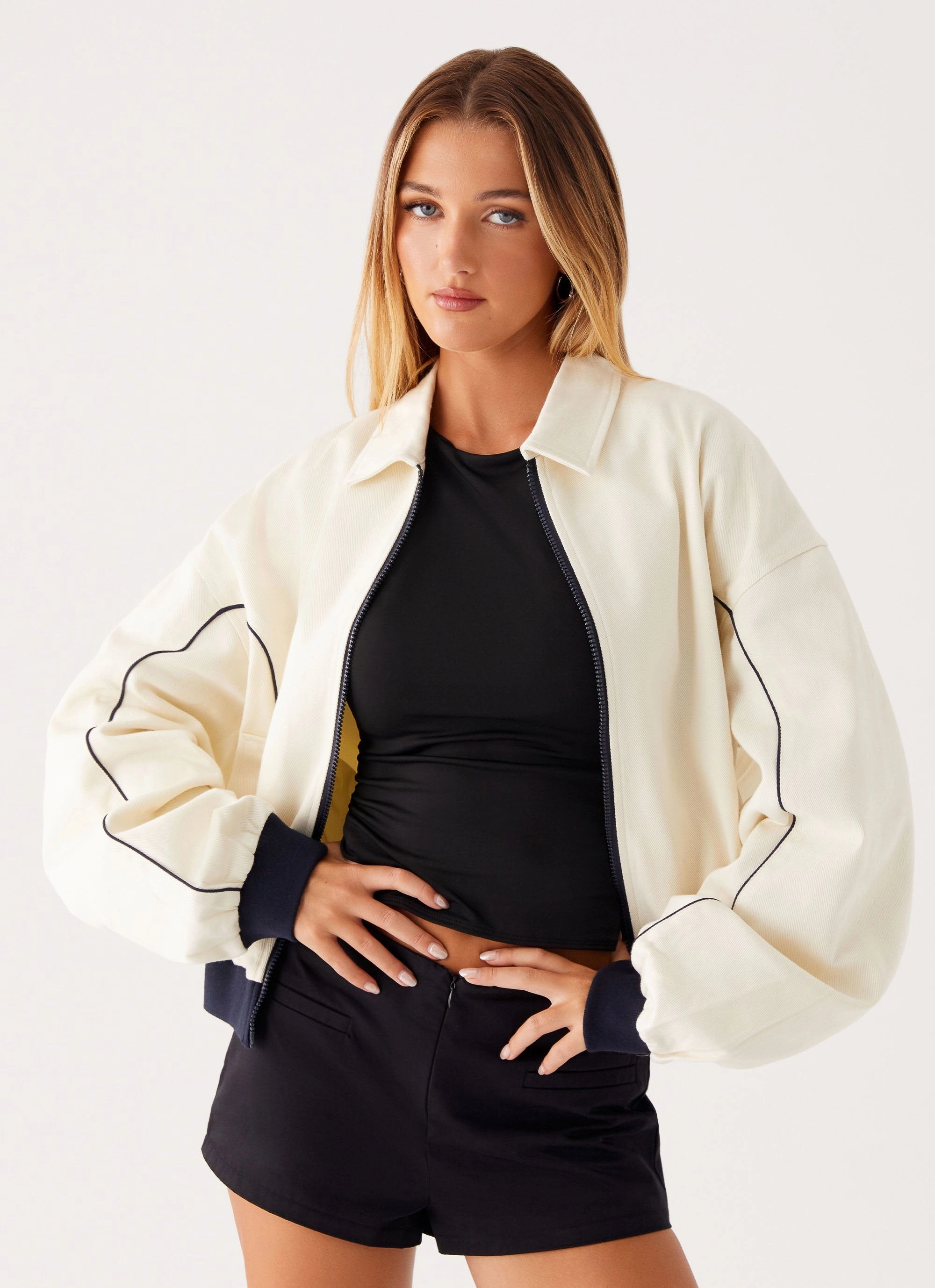 Reese Bomber Jacket - White Convertible Style Wrinkle Free Fabric